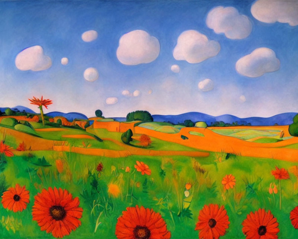 Colorful Landscape Painting: Red Flowers, Green Hills, Blue Sky