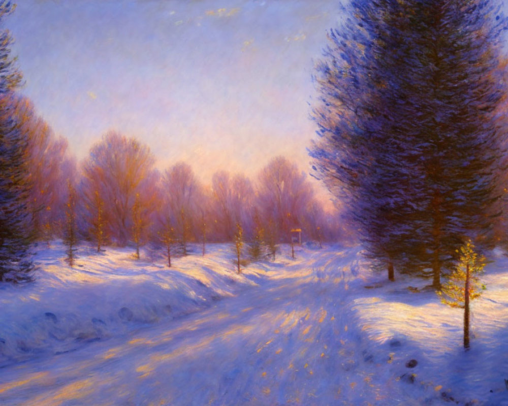 Winter landscape at dusk: golden light, snow-covered path, soft shadows.