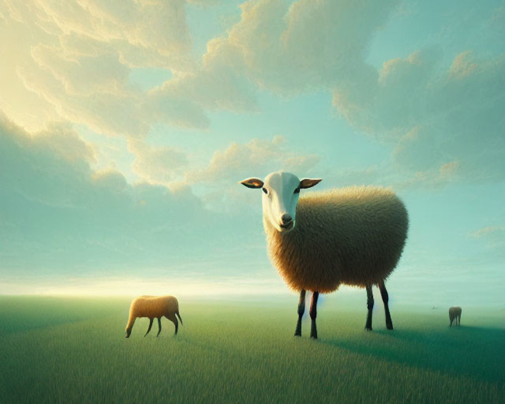 Surreal image: Oversized sheep with smaller ones in a vast sky.