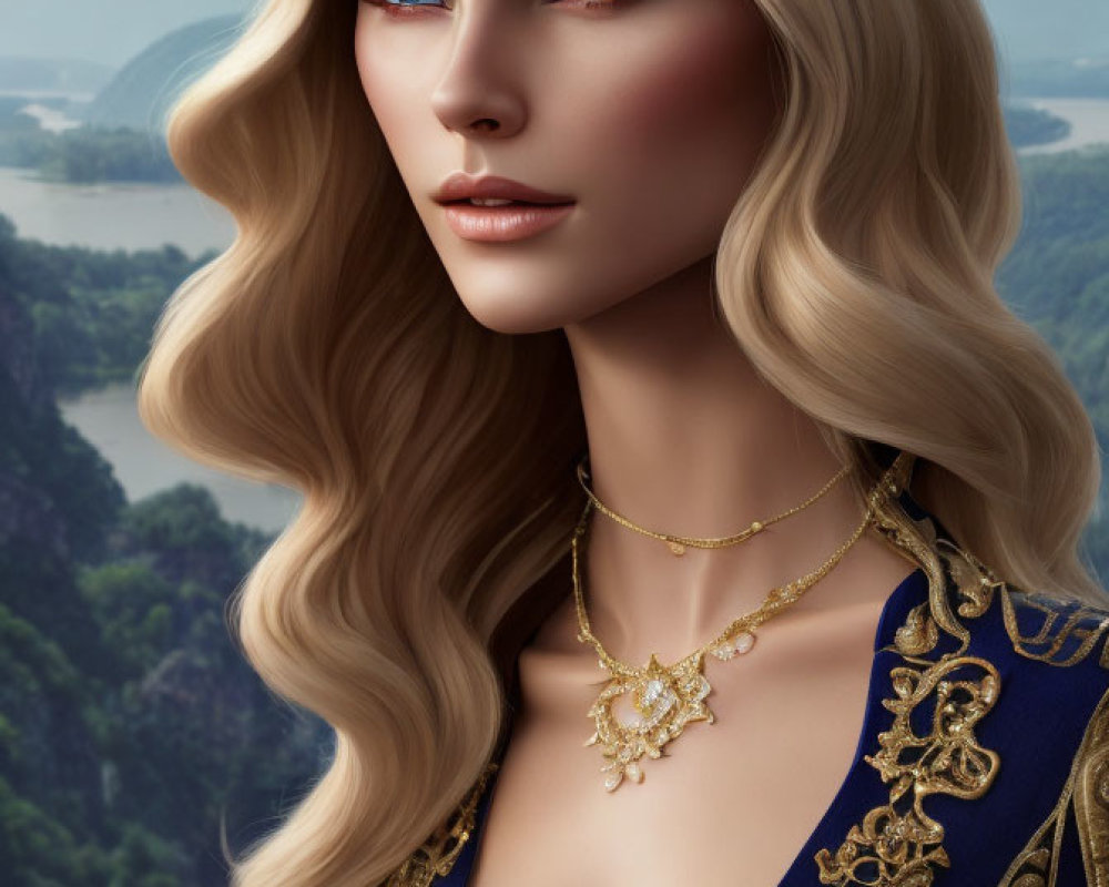 Illustrated woman with blonde hair and blue eyes in blue and gold attire against scenic backdrop