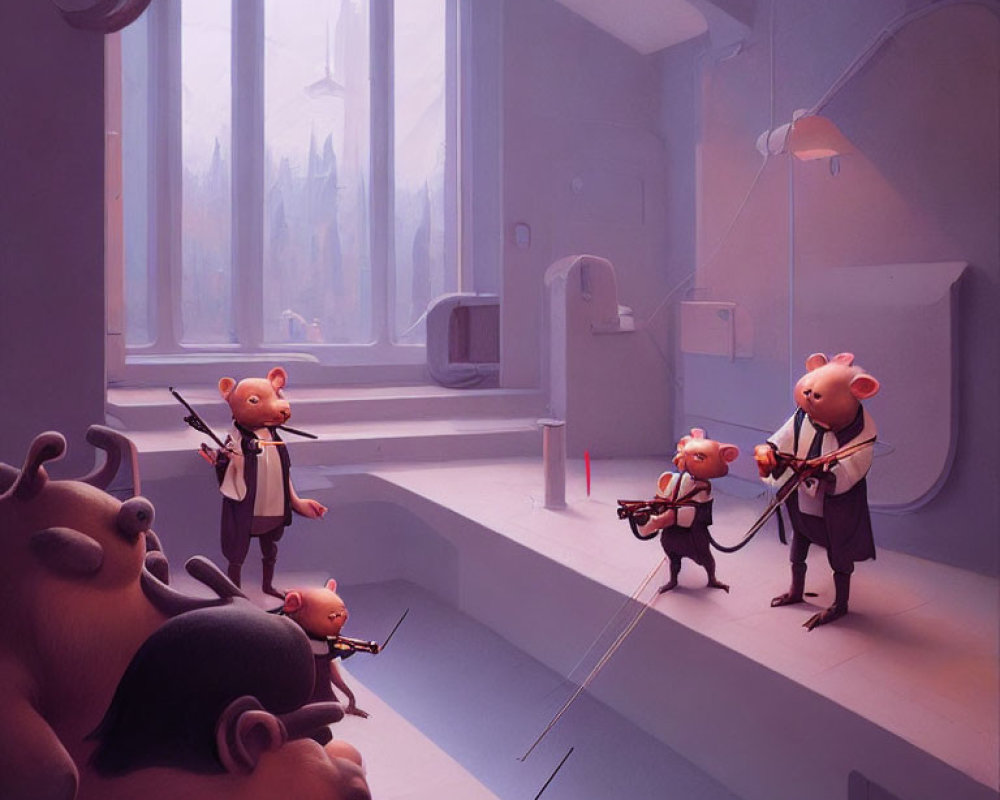 Medieval-themed animated mice with swords and shields in whimsical room