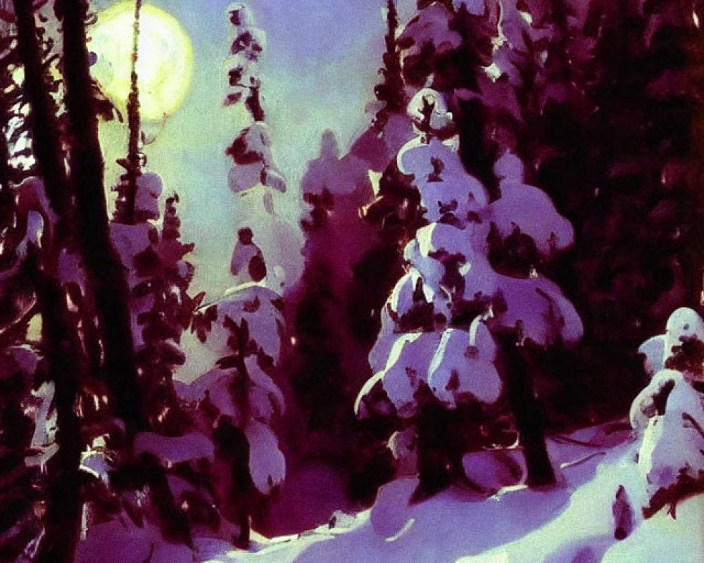 Snowy forest with moonlit wolves and snow-laden trees