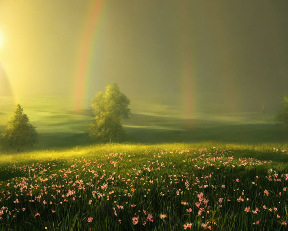 Double Rainbow and Sunbeams Over Pink Flower Field Landscape