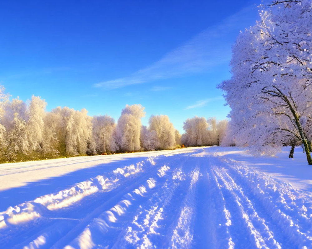 Snowy Landscape with Frost-Covered Trees and Sunlight Shadows