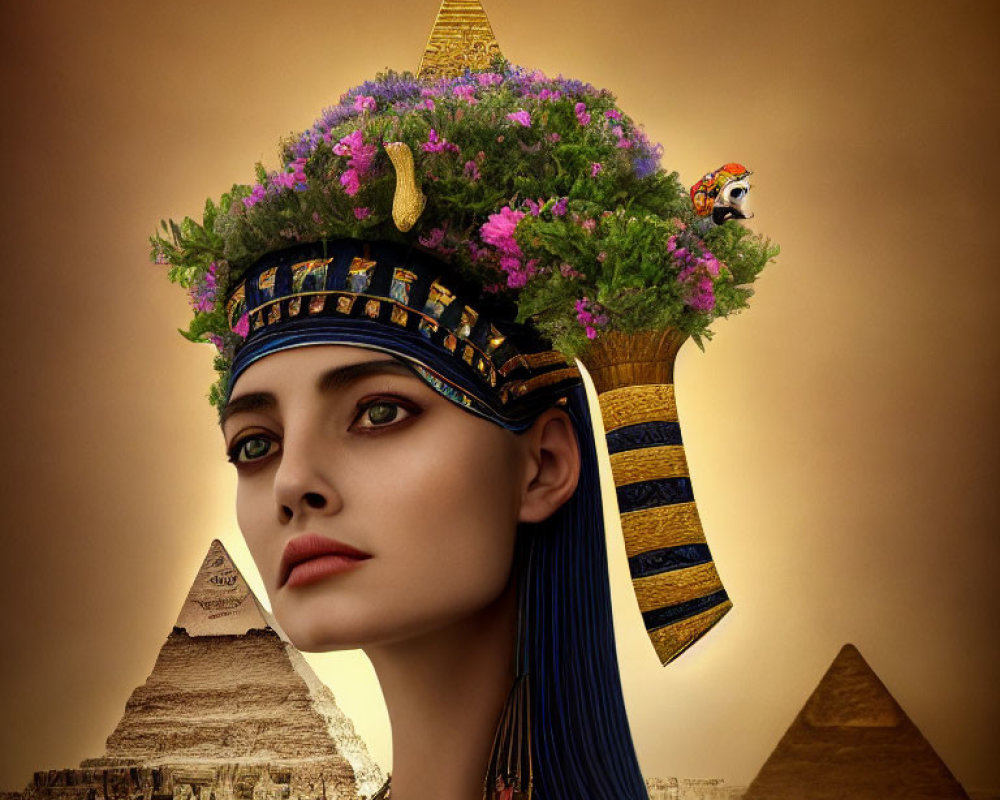 Digital artwork of woman with Egyptian headgear, tree, flowers, bird, pyramids