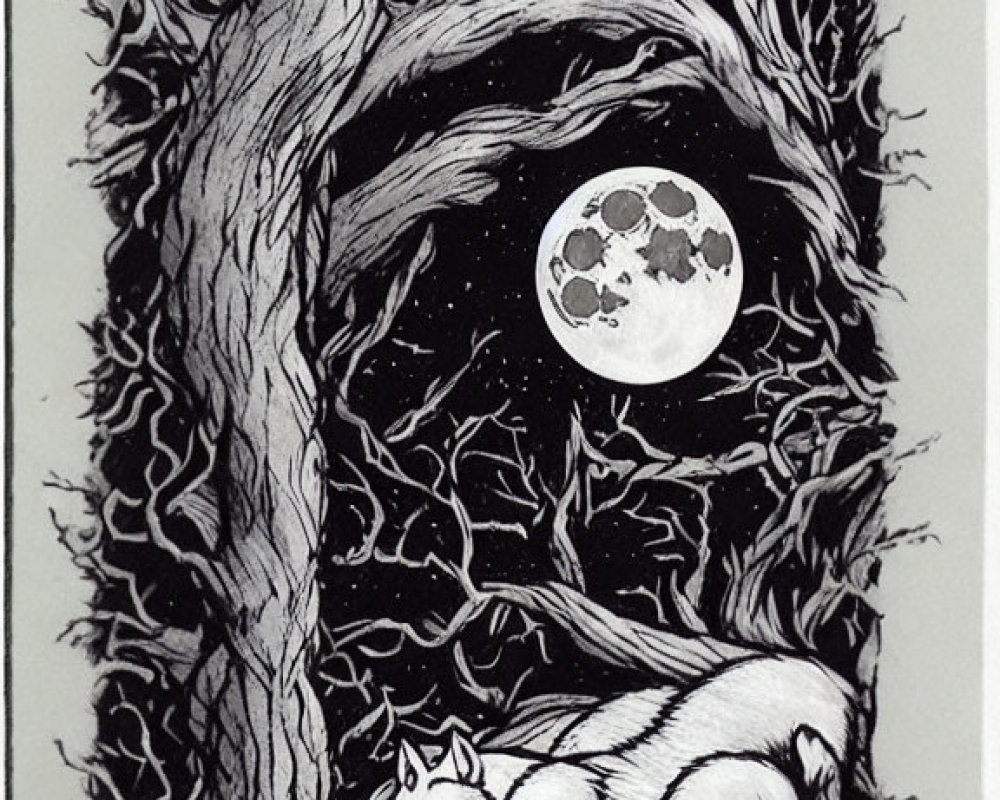 Monochromatic wolf resting under gnarly tree with full moon