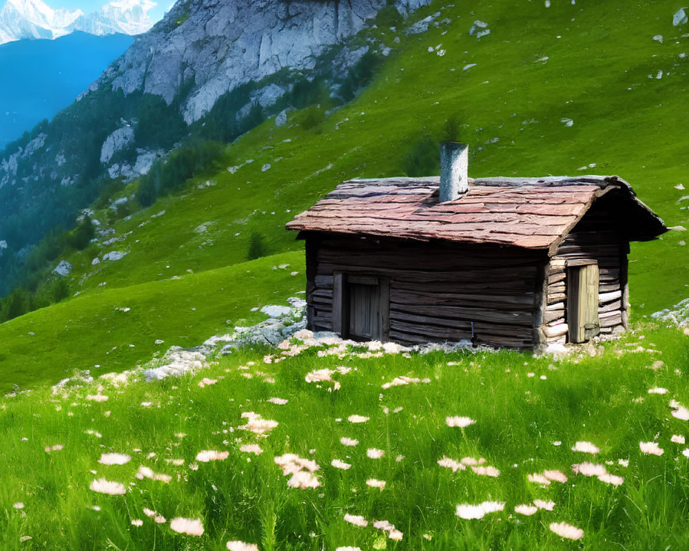 Rustic wooden cabin in lush meadow with alpine mountains & white flowers