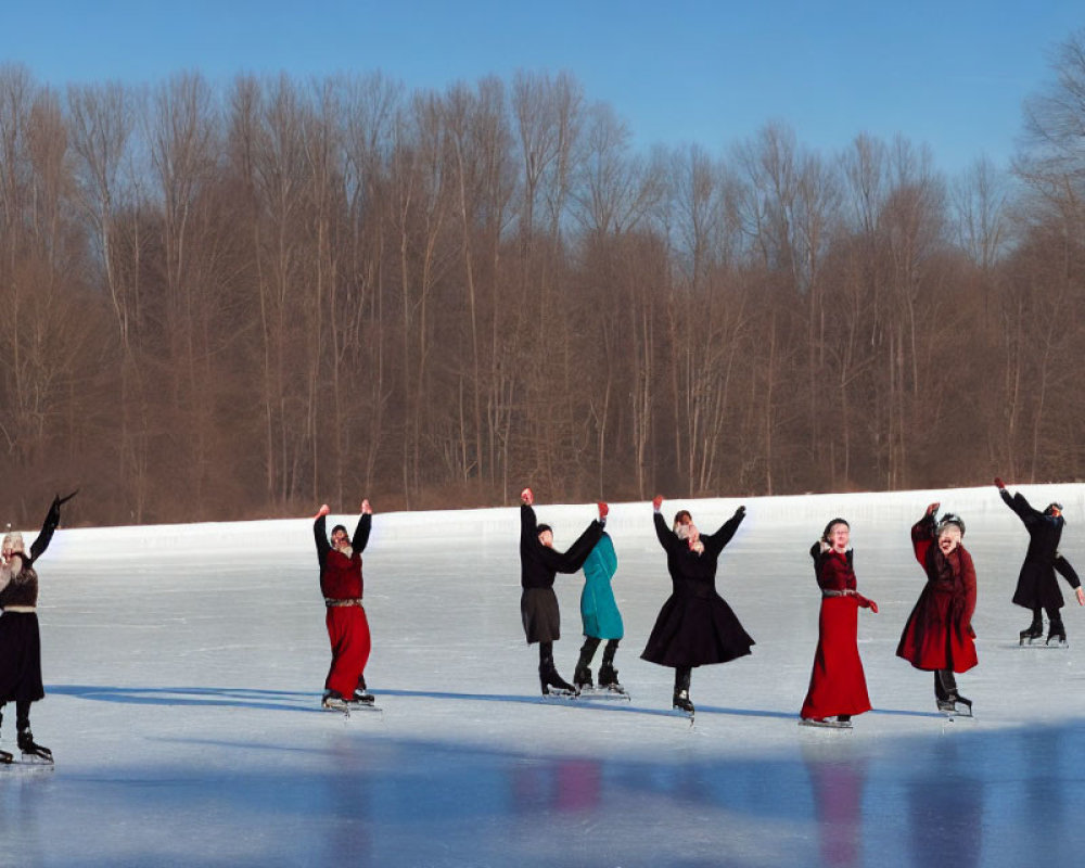 Group of individuals in traditional dresses ice skating on frozen pond