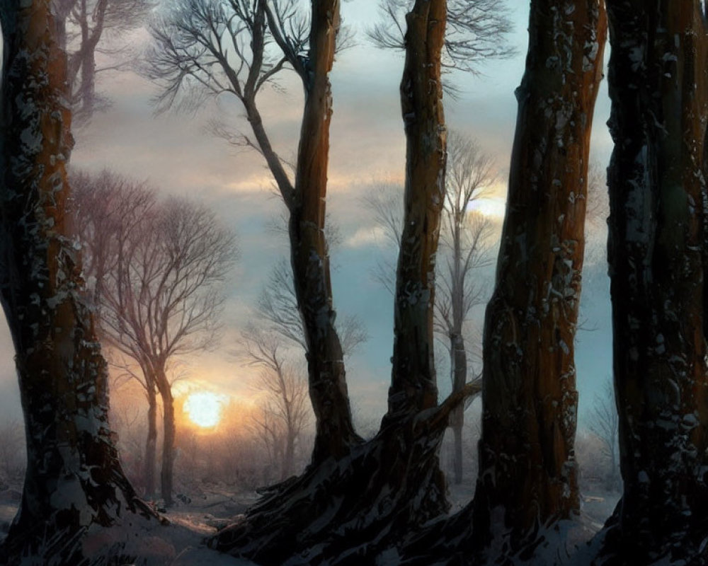 Snowy forest at dusk with bare trees and glowing sun setting