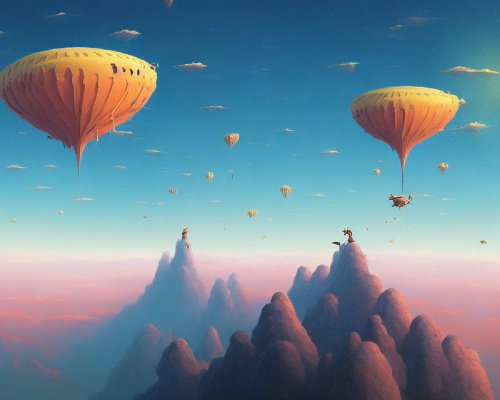 Fantasy sunset scene: floating islands, fruit-shaped hot air balloons, tiny figures, whimsical air