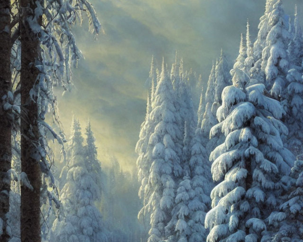 Snowy forest scene with tall trees and gentle sunlight breaking through.