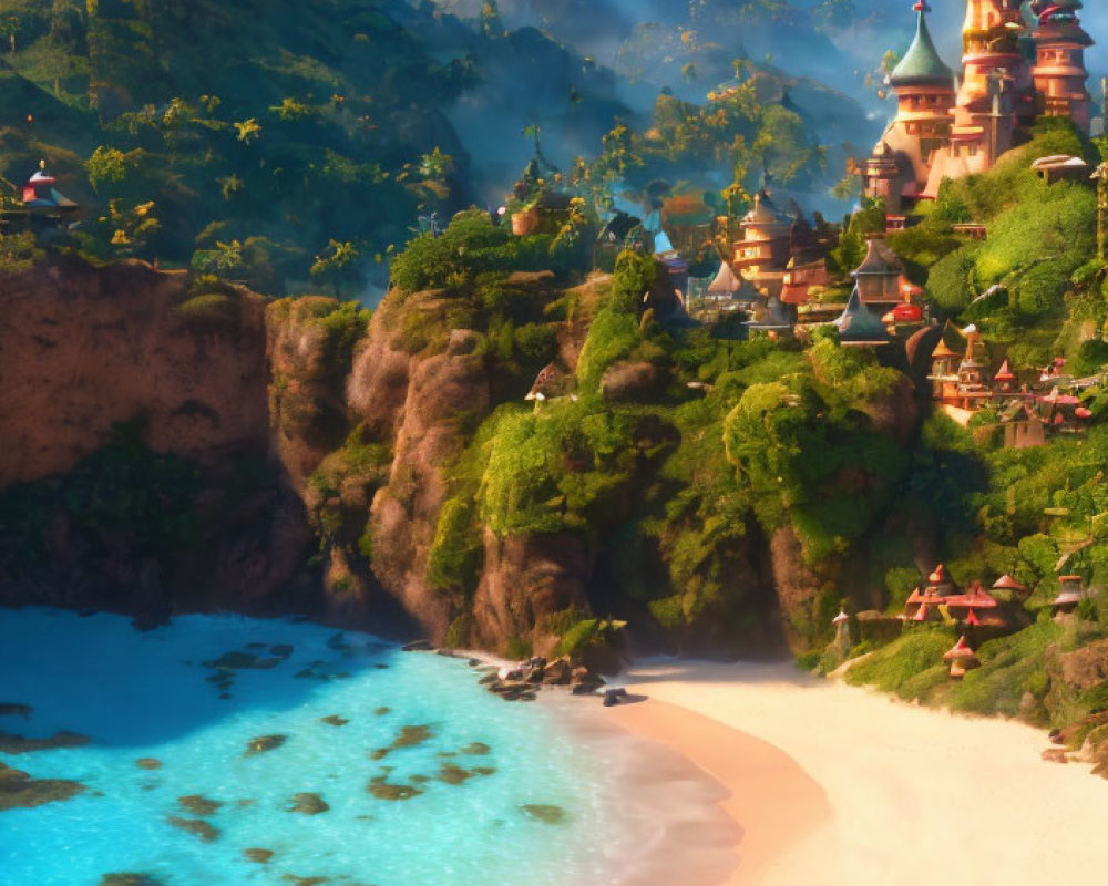 Tropical Beach with Blue Water, Cliffs, and Castle on Verdant Hills