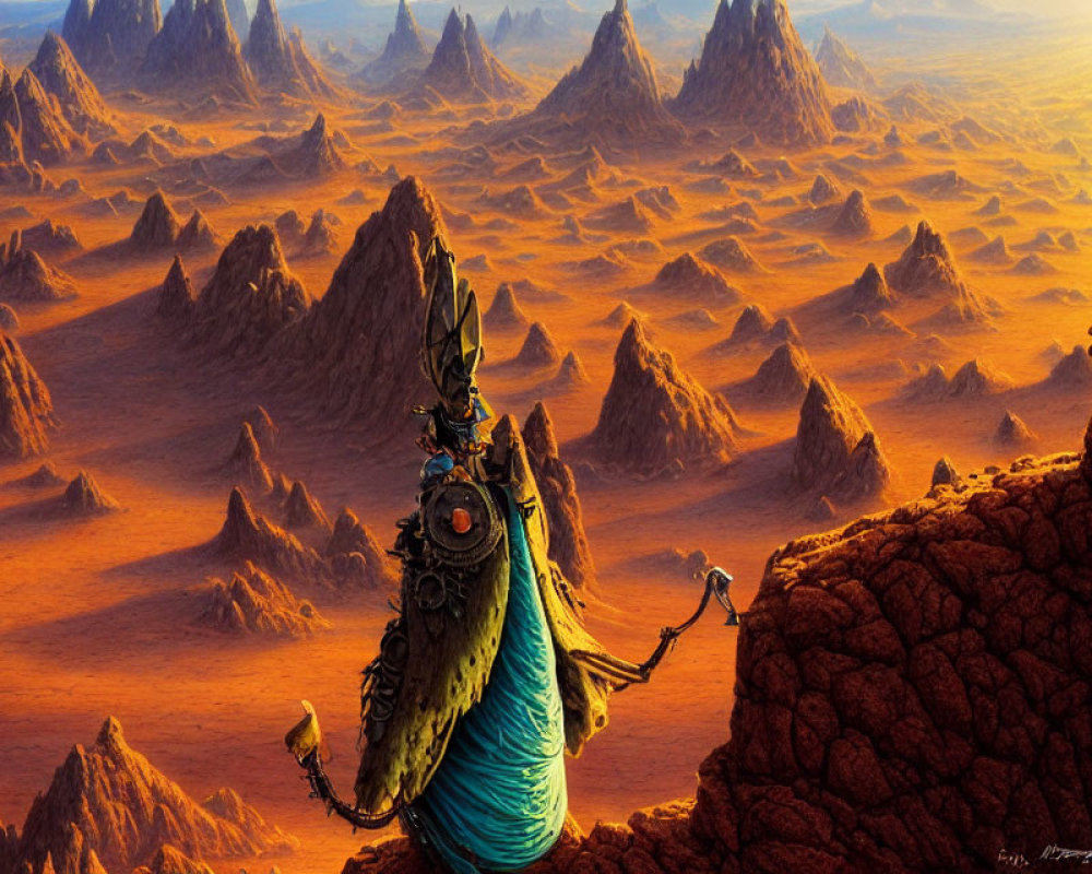 Fantastical creature and lone rider in desert landscape at sunrise