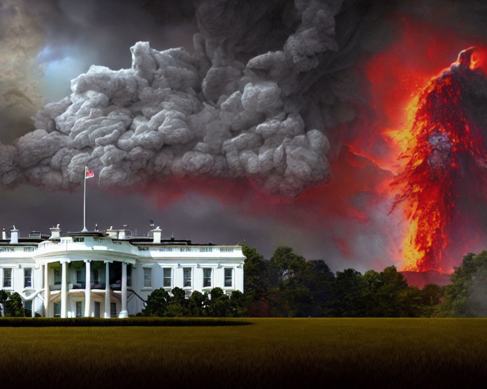 White House with erupting volcano against stormy sky