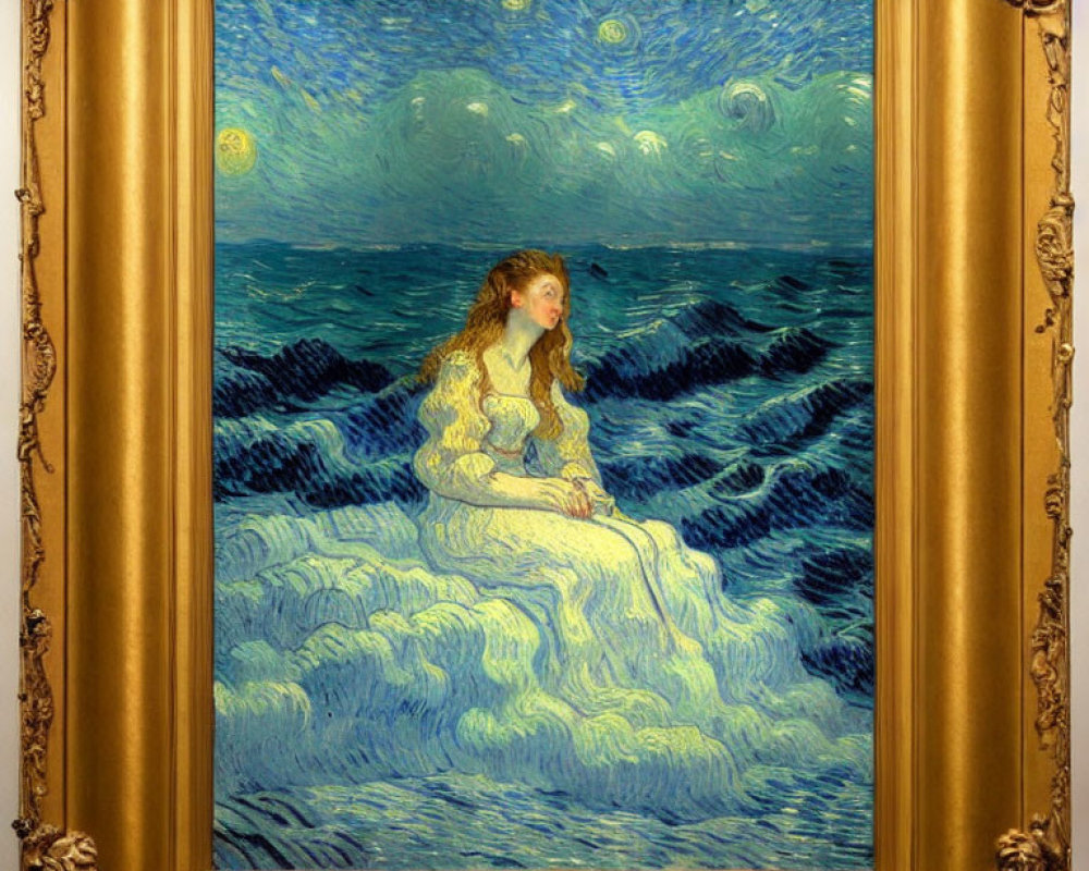 Starry night sky painting of woman in white dress on waves