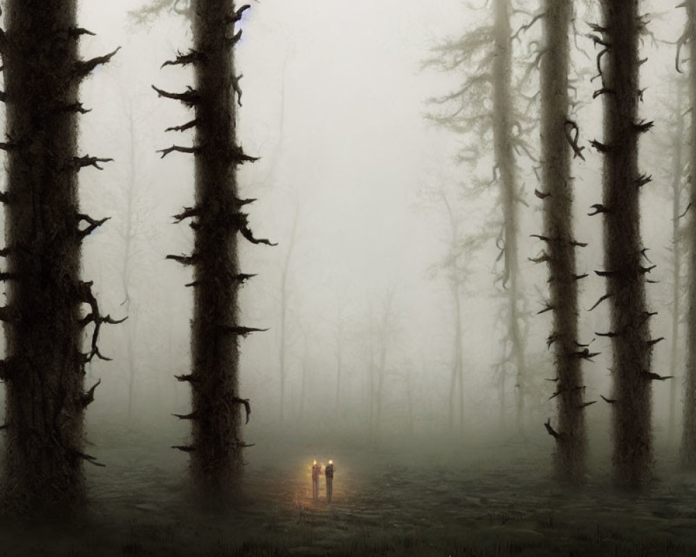 Misty forest scene with tall trees and two figures in faint light