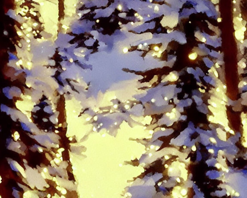 Winter forest scene with snow-covered trees and warm twilight lights.