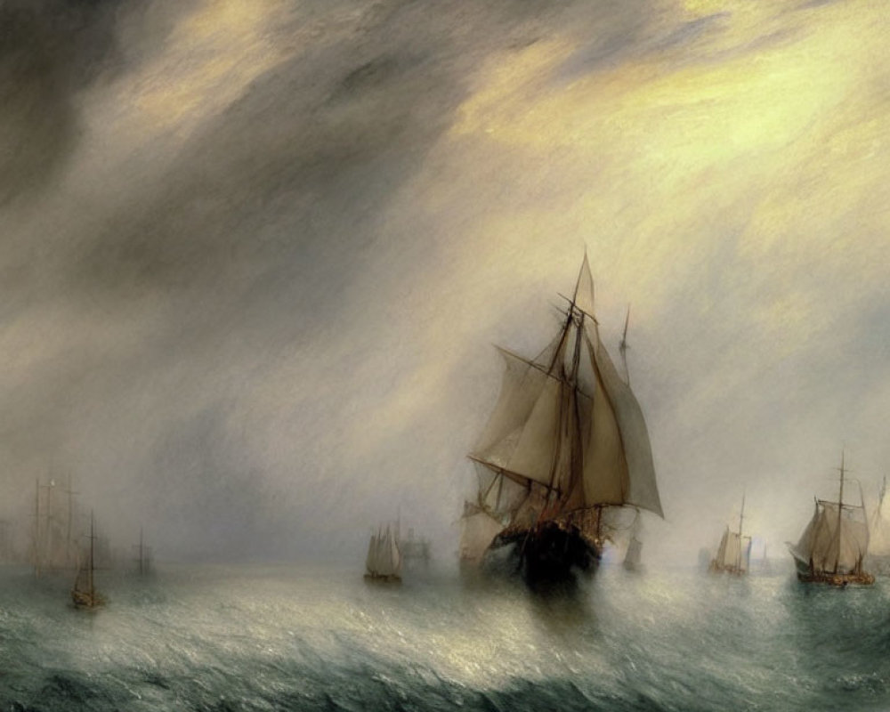 Sailing ships in misty waters under a brooding sky with sunlight.