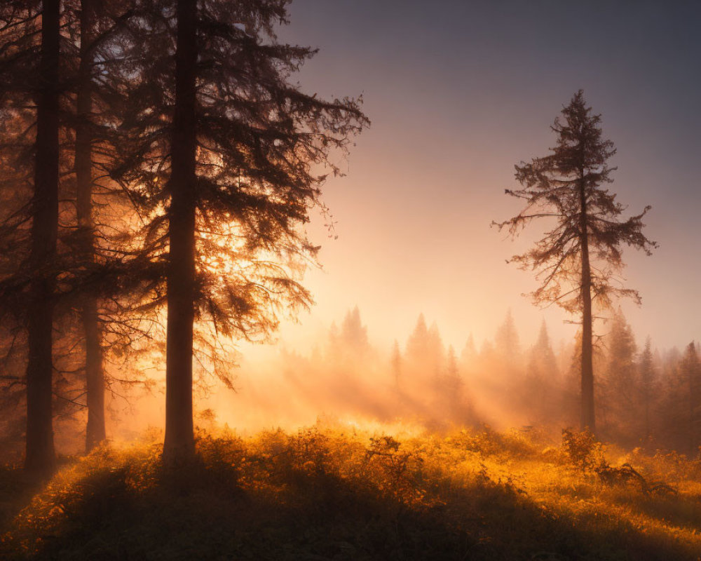 Misty forest at sunrise with warm glow and long shadows