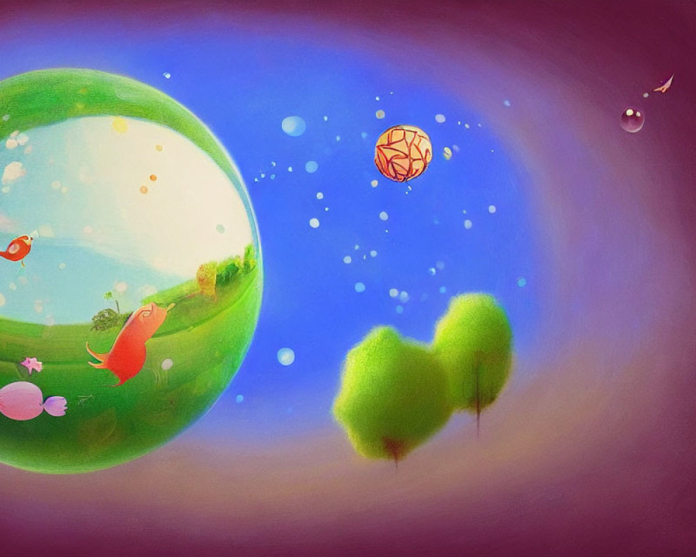 Colorful Universe Illustration with Bubble Planet, Bird, Fish, Trees, and Hot-Air Bal