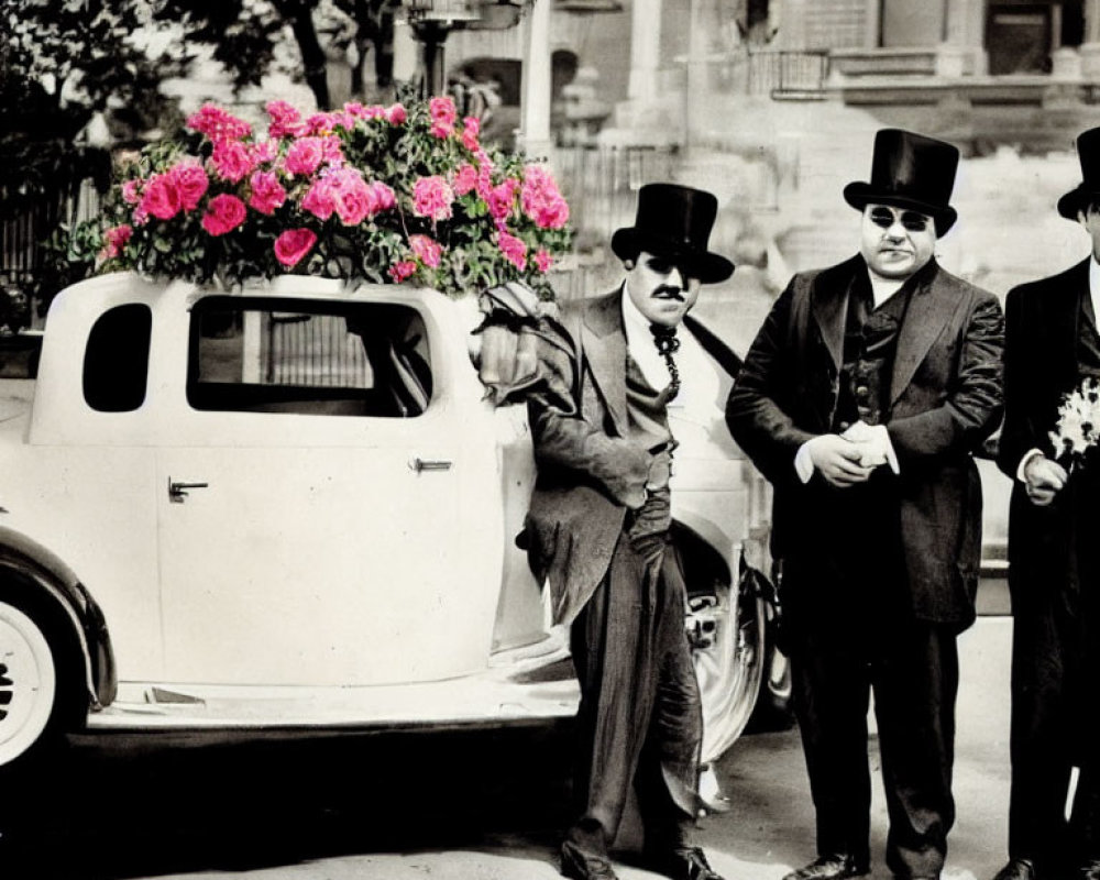 Men in suits and top hats with vintage car and roses bouquet.