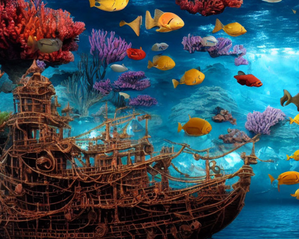 Colorful coral reef with sunken ship and tropical fish