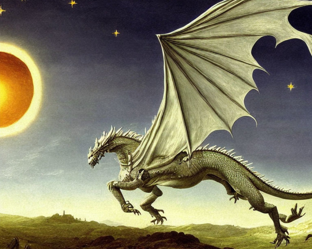 Majestic dragon flying over twilight landscape with glowing sun and stars