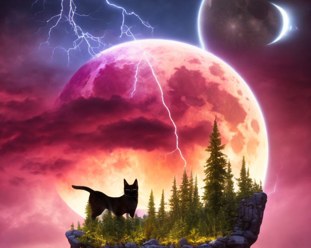 Cat on Cliff Observing Surreal Landscape with Crimson Moon