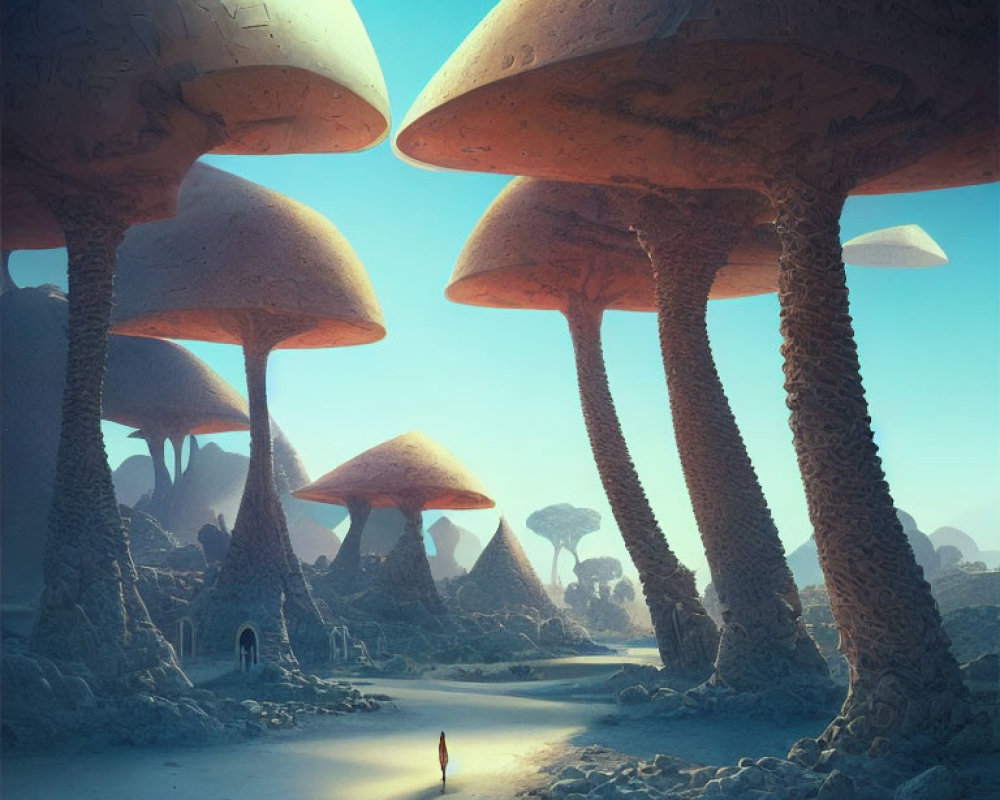 Dreamlike desert landscape with towering mushroom-shaped structures