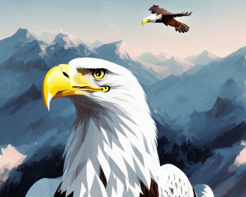 Bald Eagle Close-Up with Flying Eagle and Snow-Capped Mountains