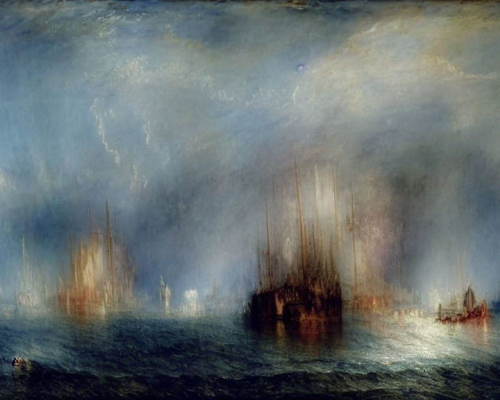 Misty harbor painting with sailing ships and dramatic sky