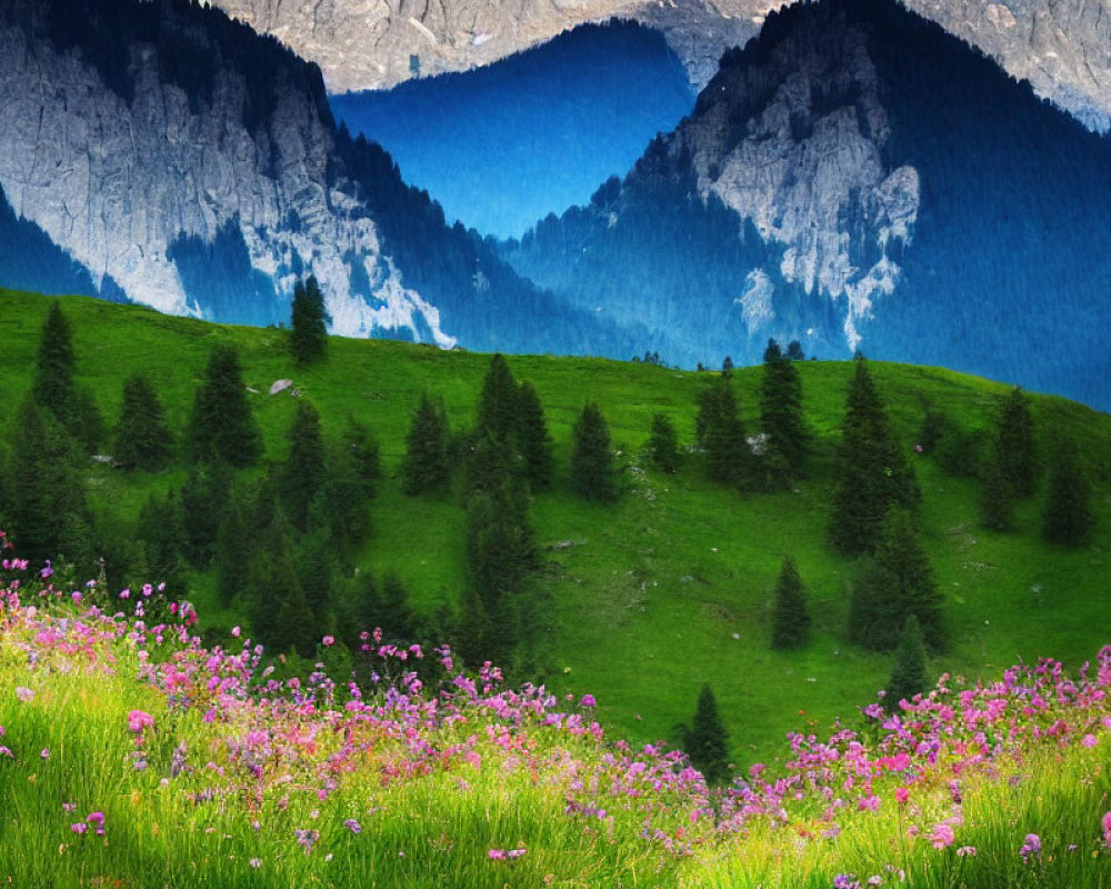 Scenic alpine meadow with pink wildflowers and mountain cliffs