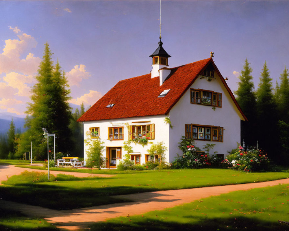 White House with Red Roof Surrounded by Greenery under Blue Sky