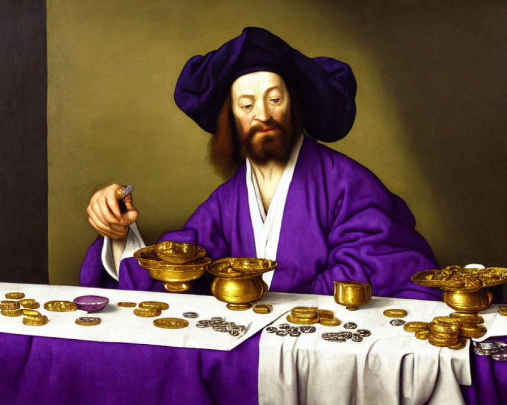 Man in Purple Robe Counting Gold Coins at Table