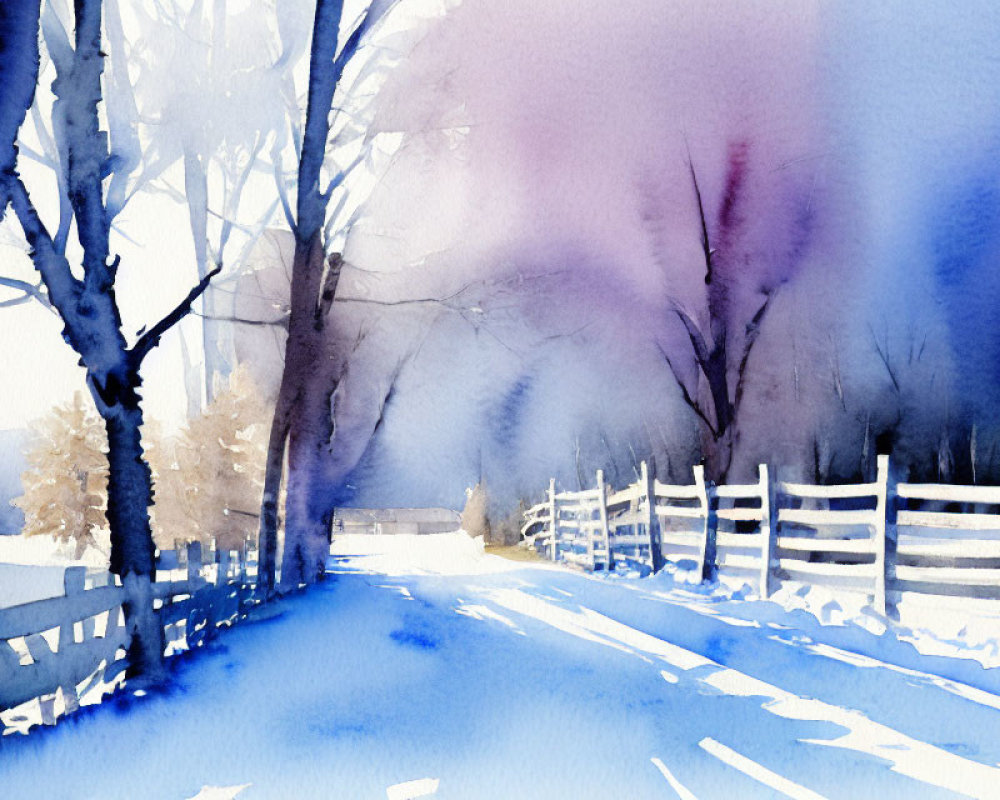 Snowy Winter Watercolor Painting with Trees, Fence, and Blue Purple Sky