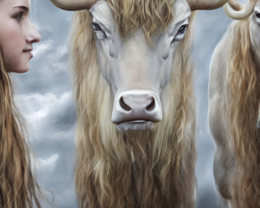 Highland cow art with blended faces of two women on cloudy sky background