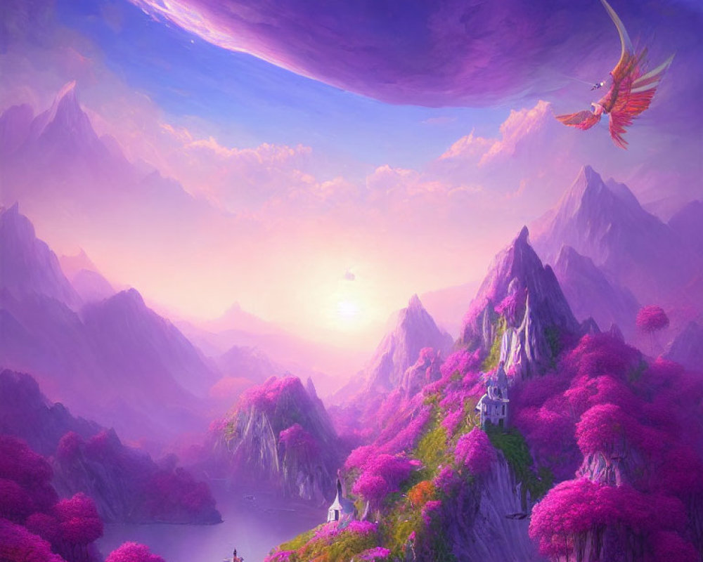 Purple Skies Fantasy Landscape with Castle and Bird-like Creature