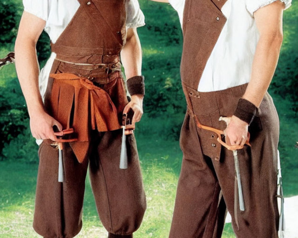 Traditional Bavarian men in suspenders and hats smiling outdoors