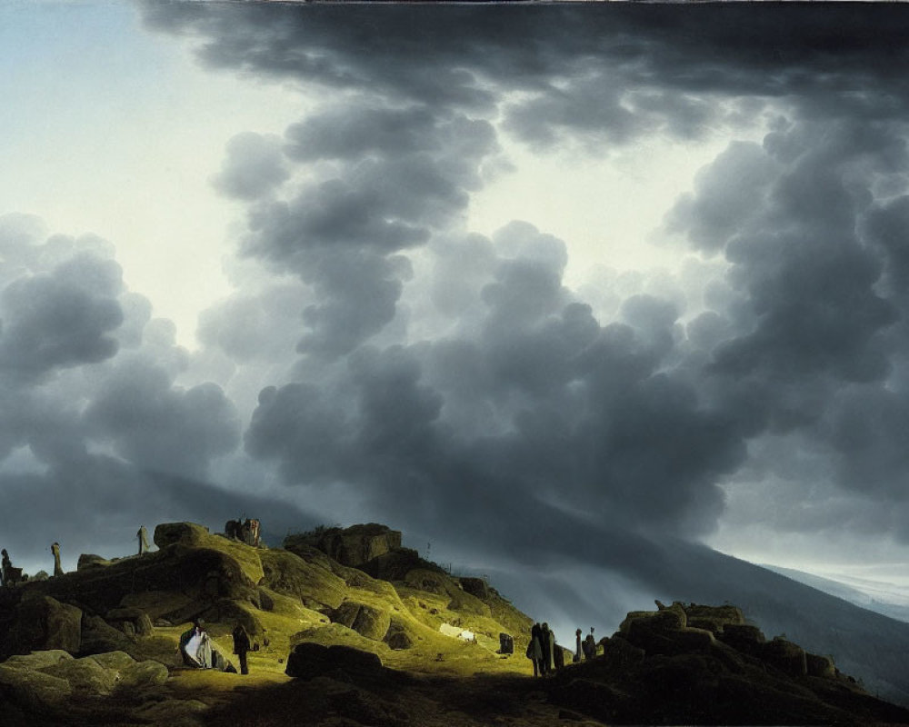 Dramatic landscape with dark clouds, rocky hill, silhouetted figures, and white horse