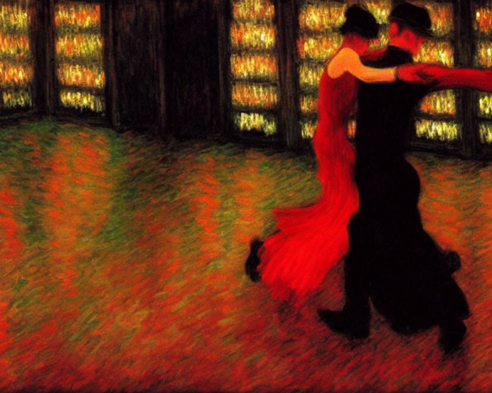 Passionate couple dancing in red and black attire against vibrant abstract background