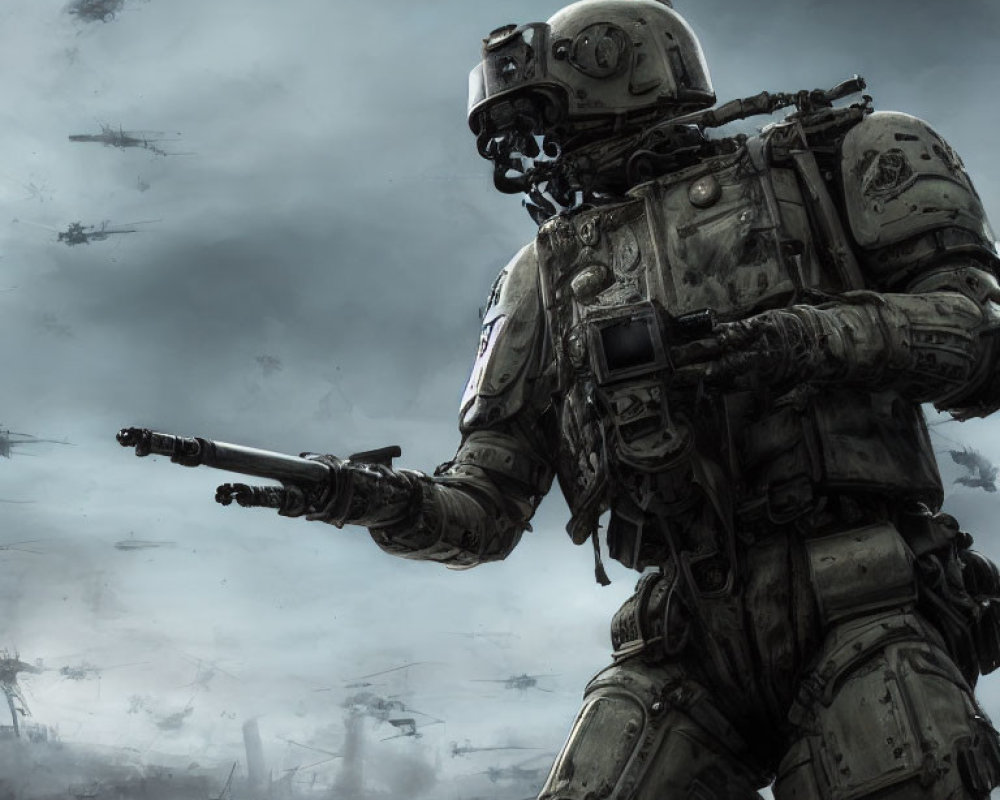 Futuristic soldier in heavy combat armor under stormy sky with helicopters.