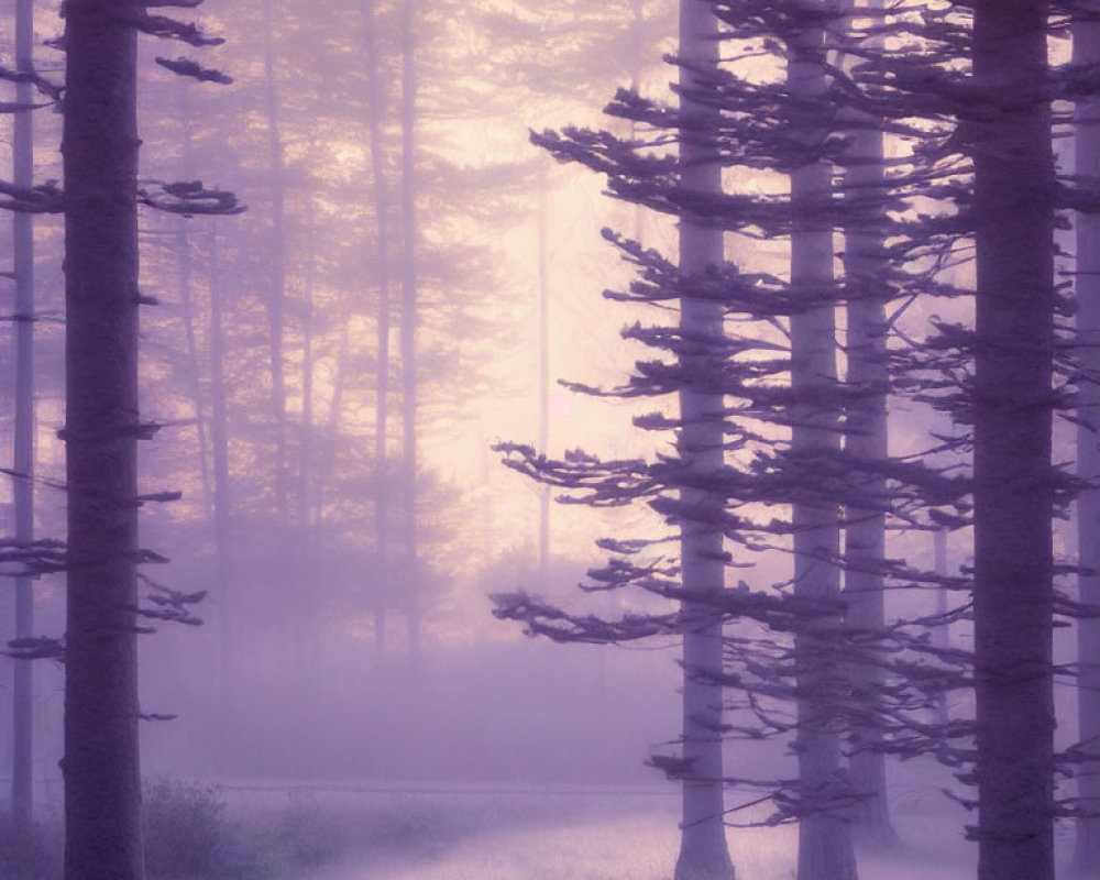 Twilight misty forest with silhouetted trees and purple hue