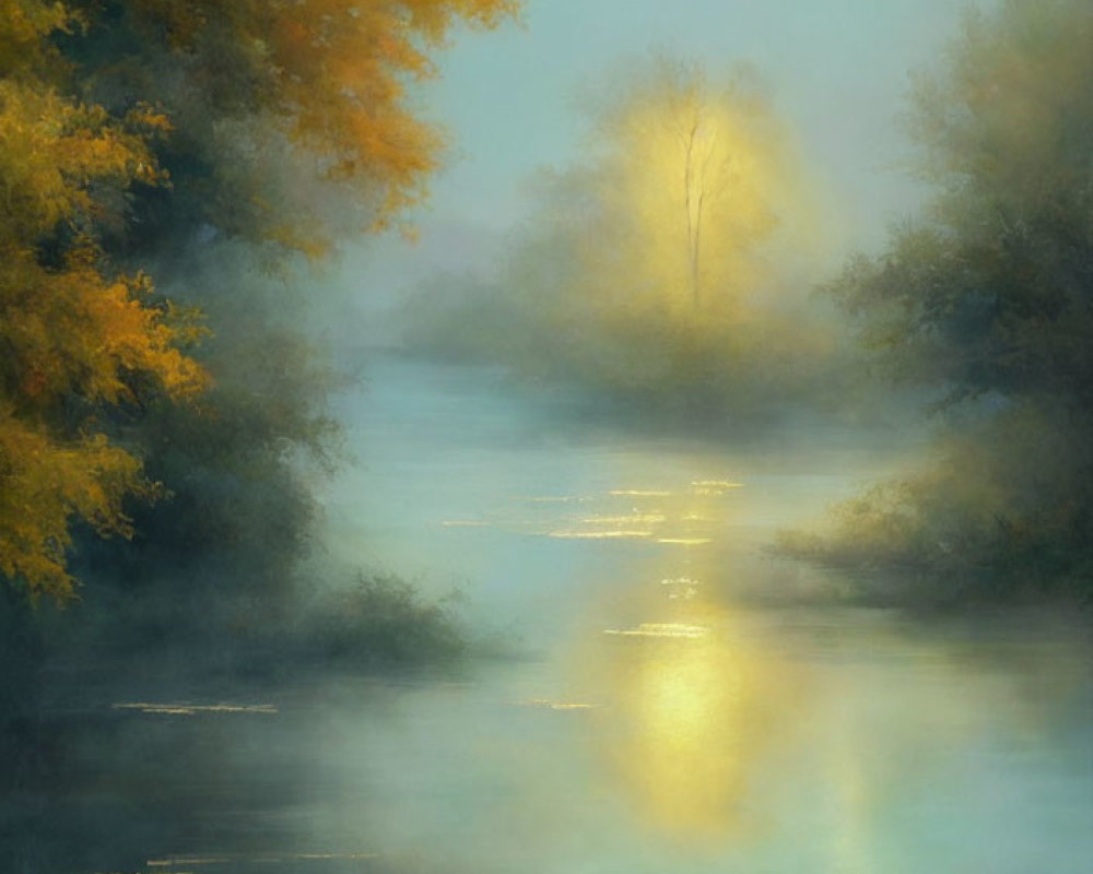 Tranquil river scene at dawn or dusk with autumn trees, mist, and sun reflection