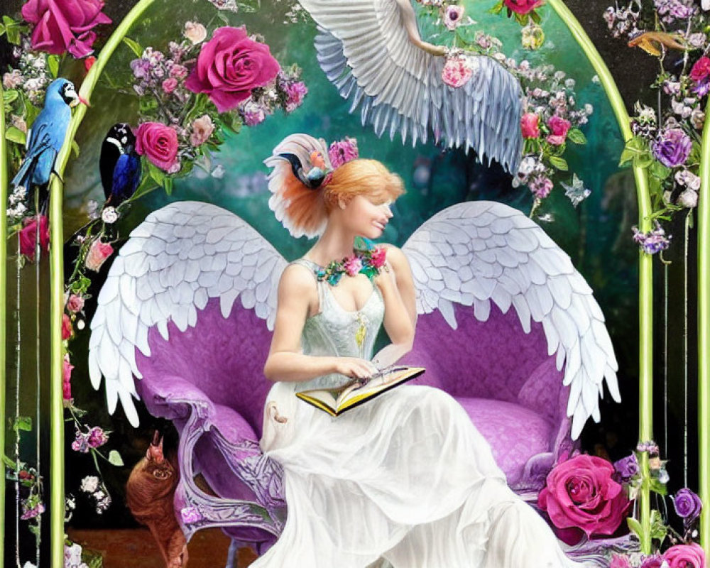 Winged woman reading on purple chair with floral surroundings