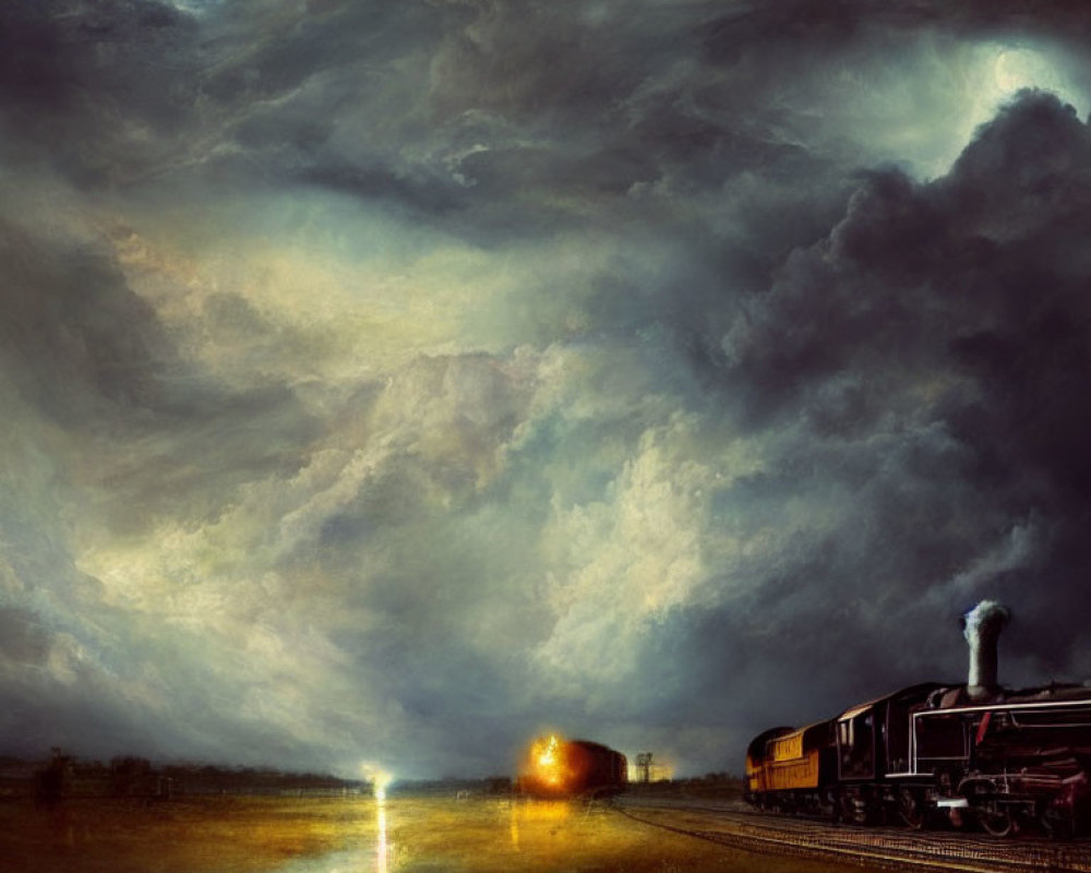 Vintage steam train night journey under dramatic sky with moon and light source