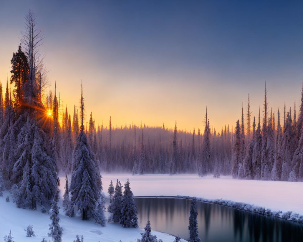 Snow-covered trees and calm lake in serene winter sunrise scene