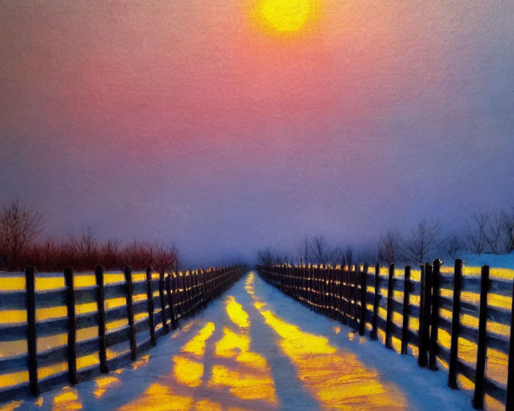 Snowy Path with Wooden Fences in Warm Sunlight