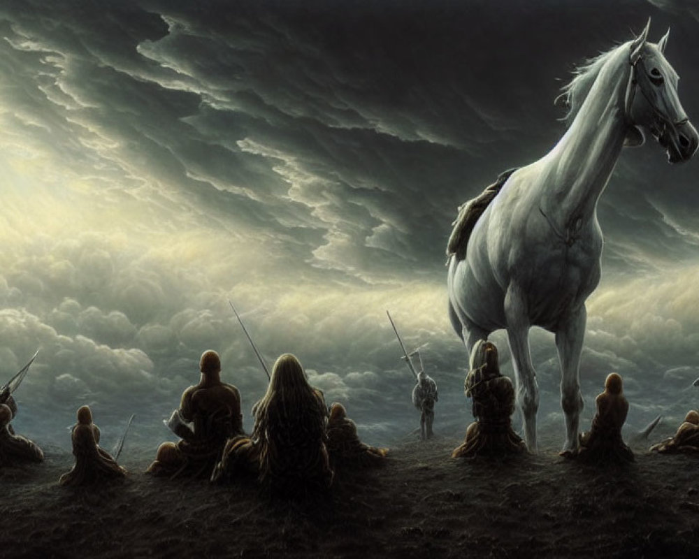 White horse and warriors under dramatic sky