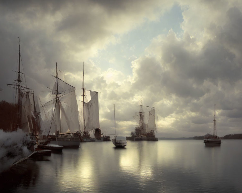 Vintage sailing ships at tranquil dock under dramatic sky