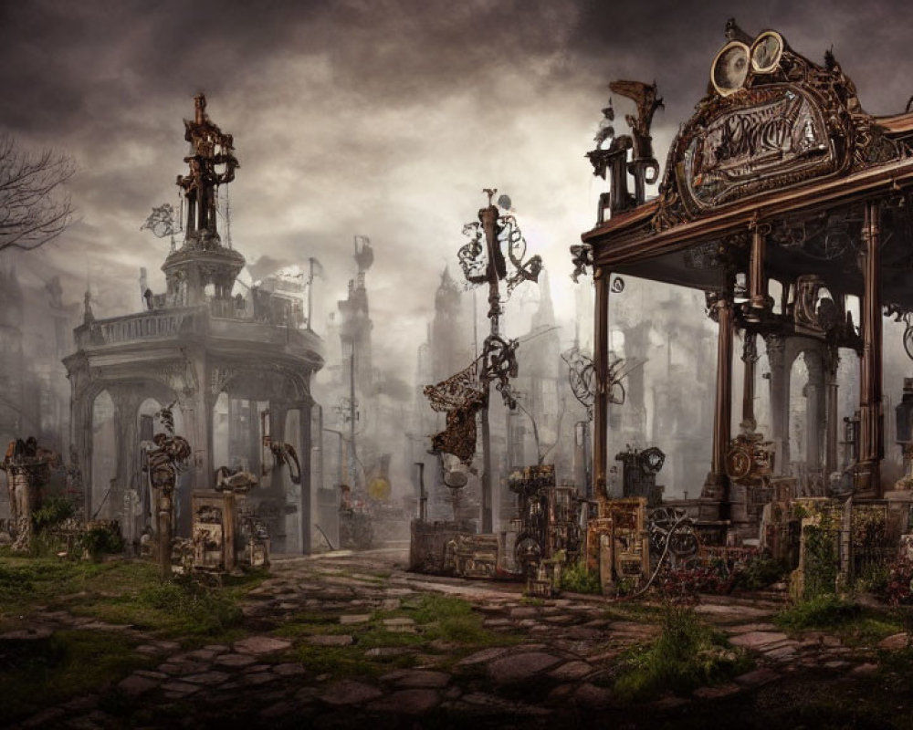 Overgrown cemetery with ornate gravestones and misty gazebo